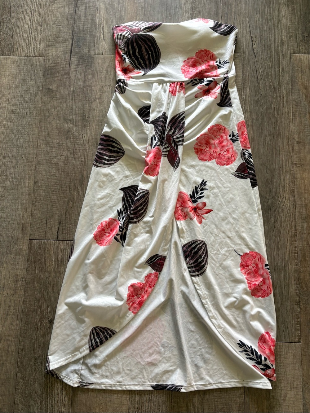 White Strapless Floral Maxi Dress with Pink Blooms